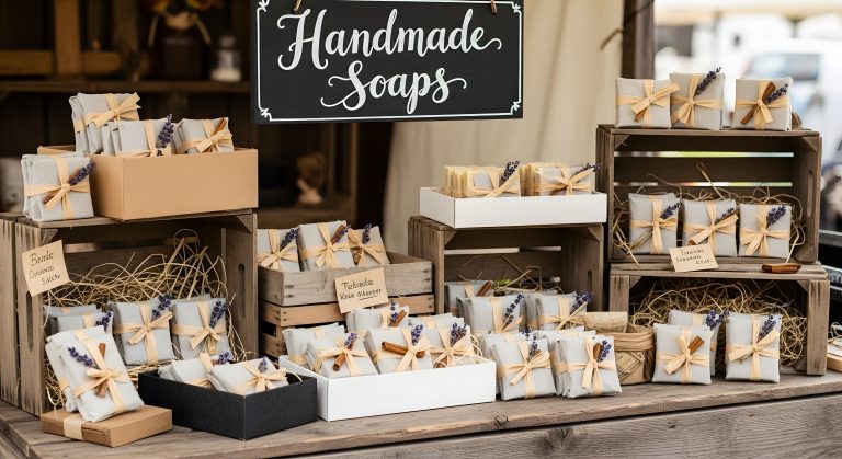 A market stall displays handmade soaps wrapped in paper and tied with twine and sprigs of lavender, arranged in wooden crates and boxes under a sign that reads "Handmade Soaps.