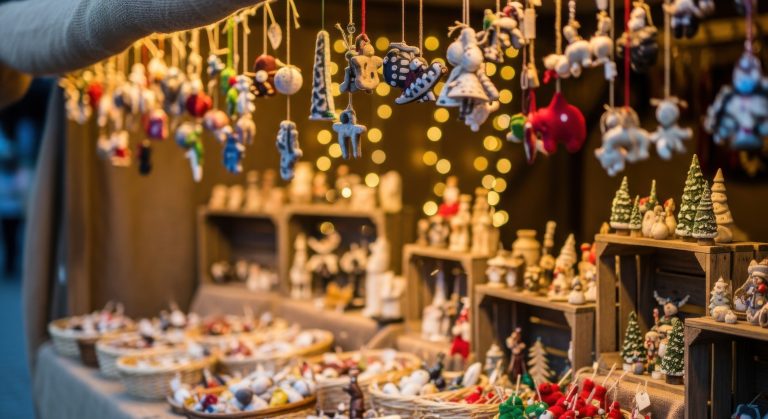 A festive market stall displays a variety of handmade Christmas ornaments and decorations, including figurines and trees, with warm string lights creating a cozy, inviting atmosphere.